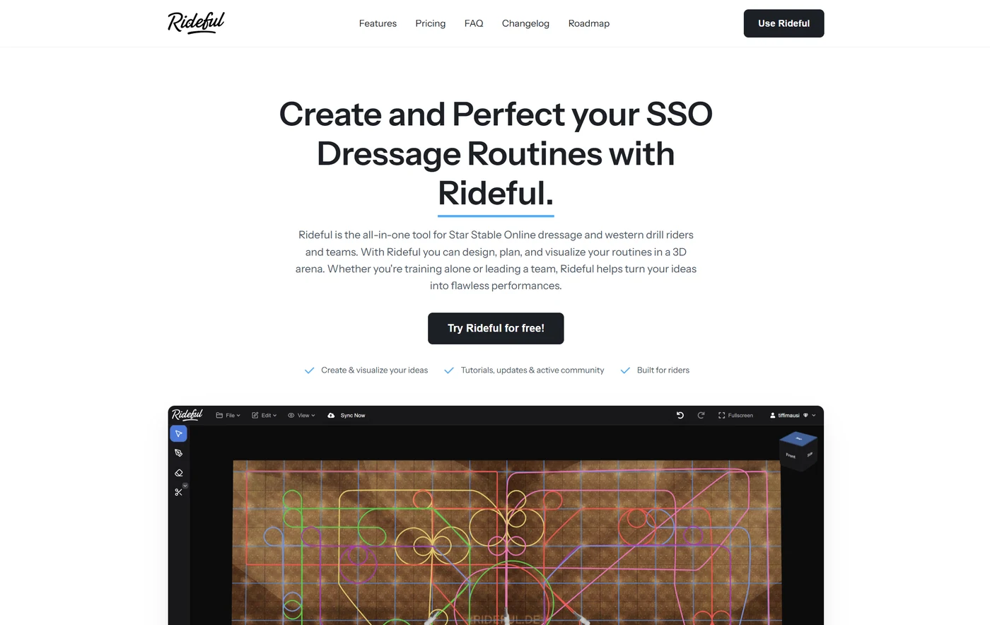 Rideful Produktwebsite mit dem 3D-Planer für SSO-Dressurroutinen.